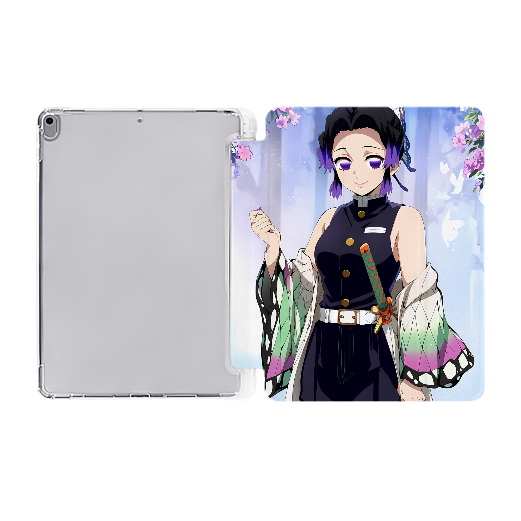 （画像用） 鬼滅の刃（きめつのやいば）蟲柱-胡蝶 しのぶ／こちょう しのぶ Kochou Shinobu IPad ケース ペン収納付き 三つ折りスタンド PUレザー×シリコン 対応機種9.5/10.5/10.9インチ